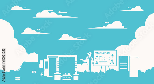 Cartoon illustration promoting vaccination with doctor and vaccination truck