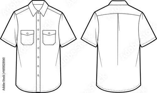 Men’s short sleeve button-up shirt flat sketch with double chest pockets, collar, and back yoke, technical fashion drawing vector