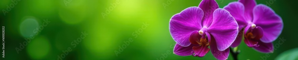 Obraz premium Deep violet orchid, dew drops on petals, lush green background , violet orchid, photography
