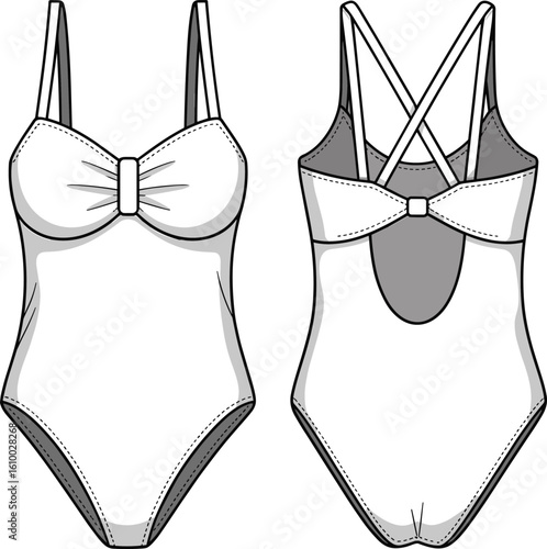 One-piece swimsuit technical flat sketch, front and back view with bow detail and criss-cross straps, fashion swimwear vector design