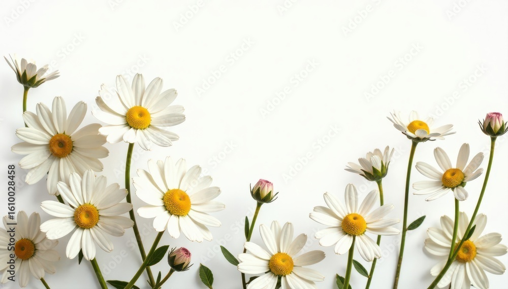 Fototapeta premium Delicate chamomile blooms, white backdrop, floral collage, design, pretty