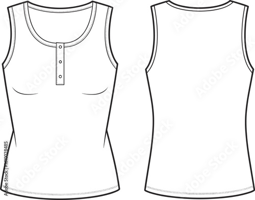Sleeveless women tank top flat sketch, front and back view, button placket detail, technical fashion vector illustration for apparel design