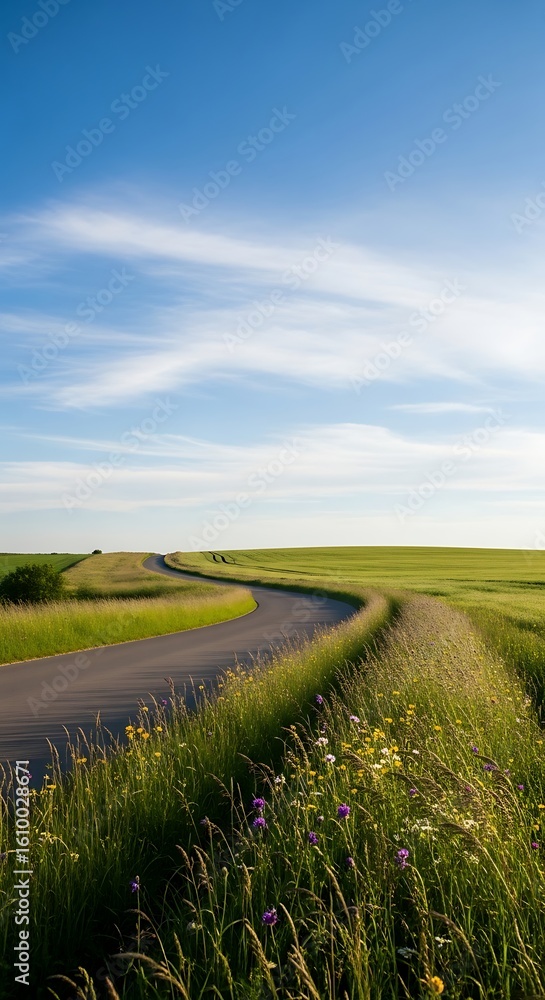 Obraz premium A picturesque winding road through a verdant summer landscape