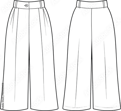 Wide leg trousers flat sketch, front and back view, high waist design, fashion CAD template, women’s pants vector illustrati