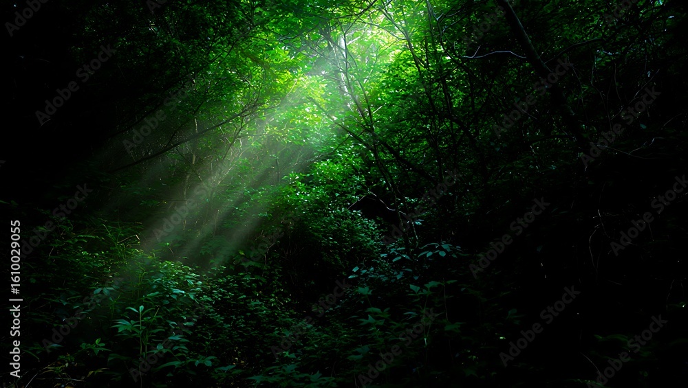 Naklejka premium Sunlight filtering through the lush green canopy of a dense forest creates a mystical and tranquil scene perfect for backgrounds