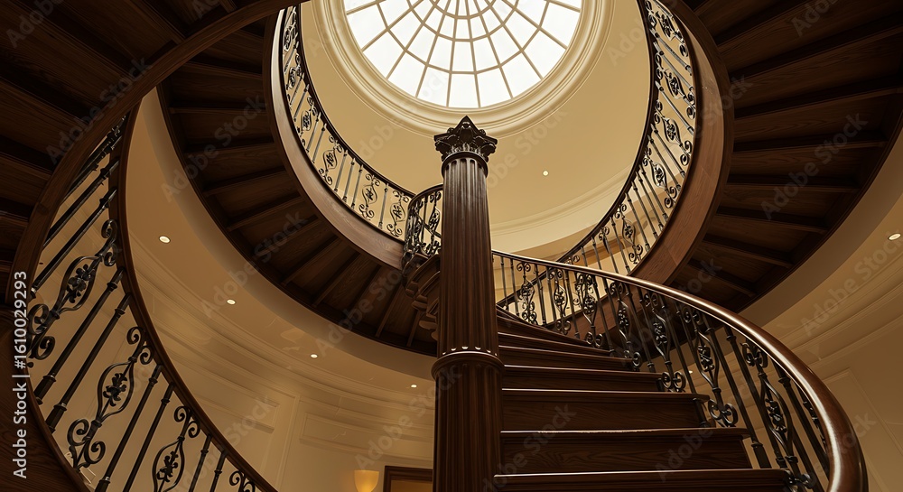 Obraz premium Elegant Dark Wood Spiral Staircase with Ornate Iron Railing and Skylight.