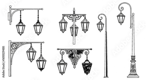 a close up of a group of street lights on a white background, Poles, lampposts, Street lamps, street lamps, street lanterns, street lighting, Street lighting, Street lighting, large beautiful street l