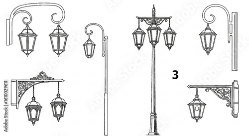 a close up of a group of street lights on a white background, Poles, lampposts, Street lamps, street lamps, street lanterns, street lighting, Street lighting, Street lighting, large beautiful street l