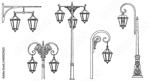 a close up of a group of street lights on a white background, Poles, lampposts, Street lamps, street lamps, street lanterns, street lighting, Street lighting, Street lighting, large beautiful street l