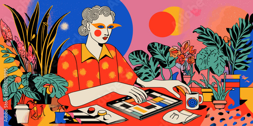 Designer. Trendy female artist working with digital tablet in lush, vibrant home office filled with plants. Abstract retro pop art style vector illustration for creative concepts.

