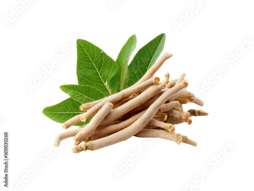 Dried ashwagandha roots with green leaves natural herb, Png Transparent, Isolated on White