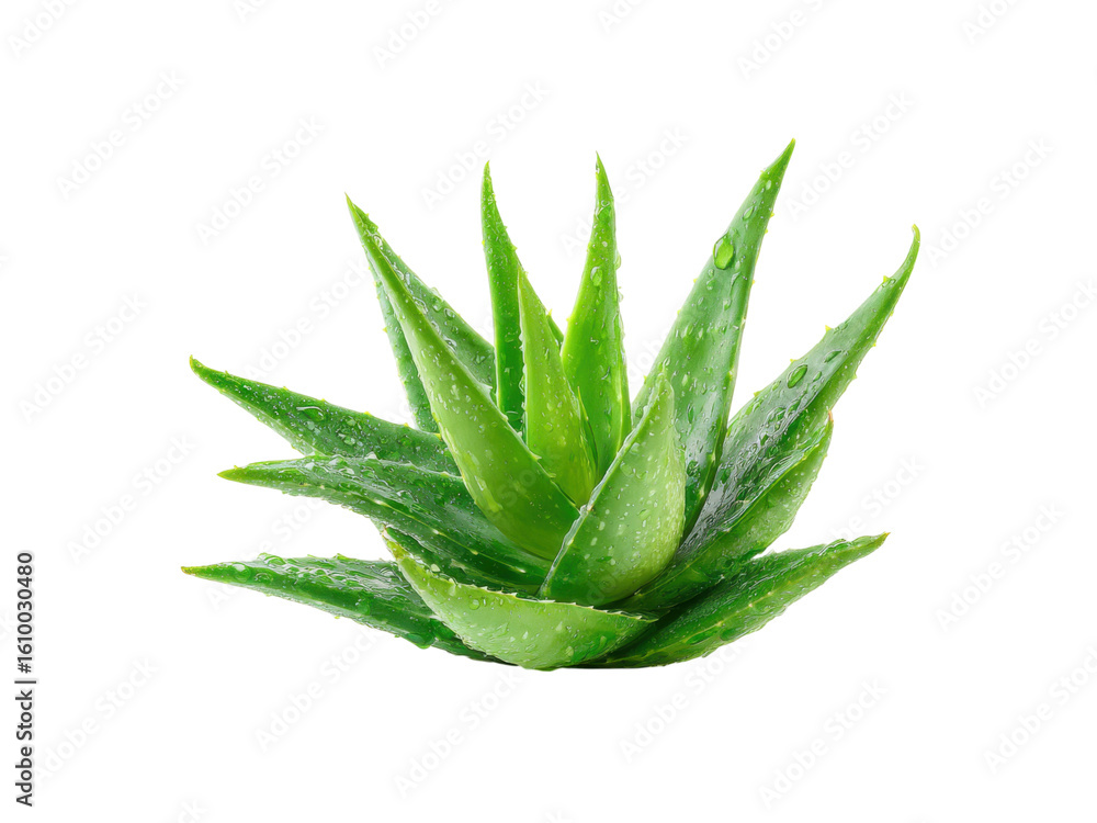 Fototapeta premium Lush green aloe vera plant with water droplets succulent, Png Transparent, Isolated on White