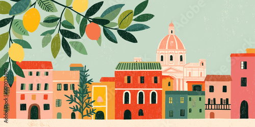 Charming vector illustration of an Italian town Rome with colorful buildings, a cathedral dome, and lemon branches. Perfect for travel, summer, Tuscany, and Mediterranean themes.

