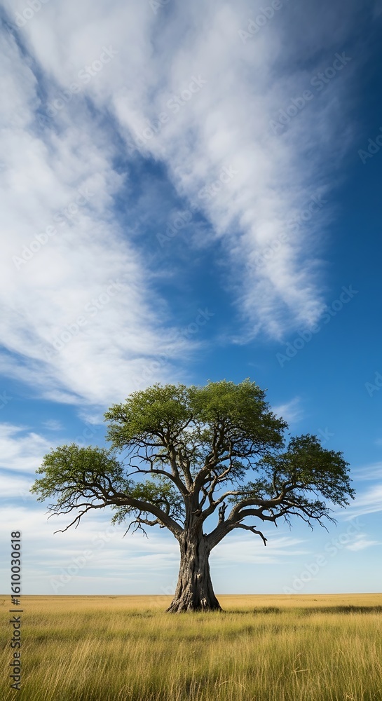 Obraz premium Majestic solitude of a solitary tree in a vast grassland under a blue sky