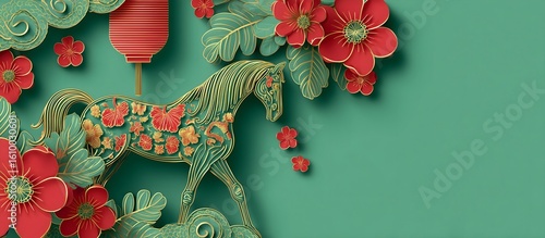 Happy new year 2026 the horse zodiac sign with flower, lantern, Asian elements on Green background. Elegant golden horse silhouette paper-cut style on green background for Happy Chinese new year 2026