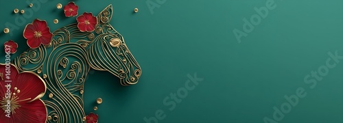 Happy new year 2026 the horse zodiac sign with flower, lantern, Asian elements on Green background. Elegant golden horse silhouette paper-cut style on green background for Happy Chinese new year 2026