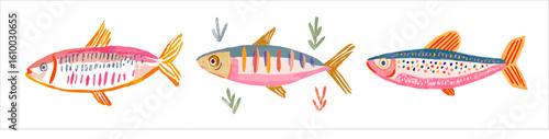 Sardines . Amalfi.  Colorful vector illustration of three sardines in hand-drawn style, isolated on transparent background. Great for seafood, packaging, Mediterranean, and culinary design projects.

