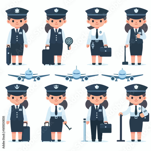 Image of airport security officer with simple and minimalist flat design using white background