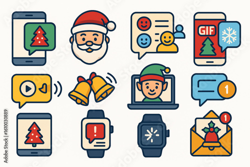 Digital Christmas Message Icons, Flat Coloring Festive Communication Set