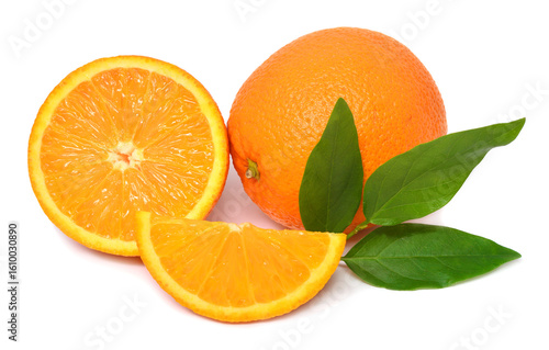Orange fruit whole and slices isolated on white background. Juice, healthy and tasty