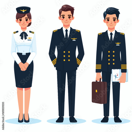 image of airline officers wearing uniforms with a simple and minimalist flat design using a white background