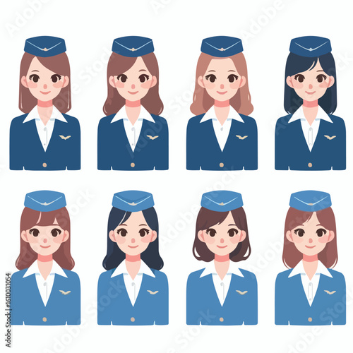 image of airline officers wearing uniforms with a simple and minimalist flat design using a white background