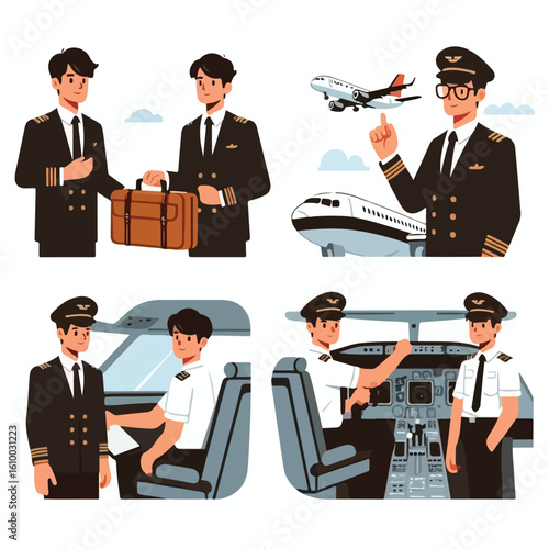 image of pilot and co-pilot preparing to enter the cockpit with a simple and minimalist flat design using a white background