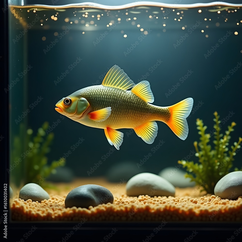 Naklejka premium Goldfish swimming in colorful aquarium water with aquatic plants and clear tank environment