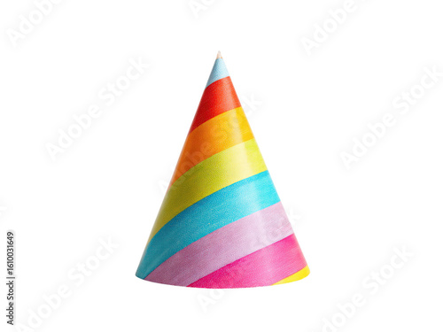 Colorful cone party hat with rainbow stripes birthday celebration, Png Transparent, Isolated on White