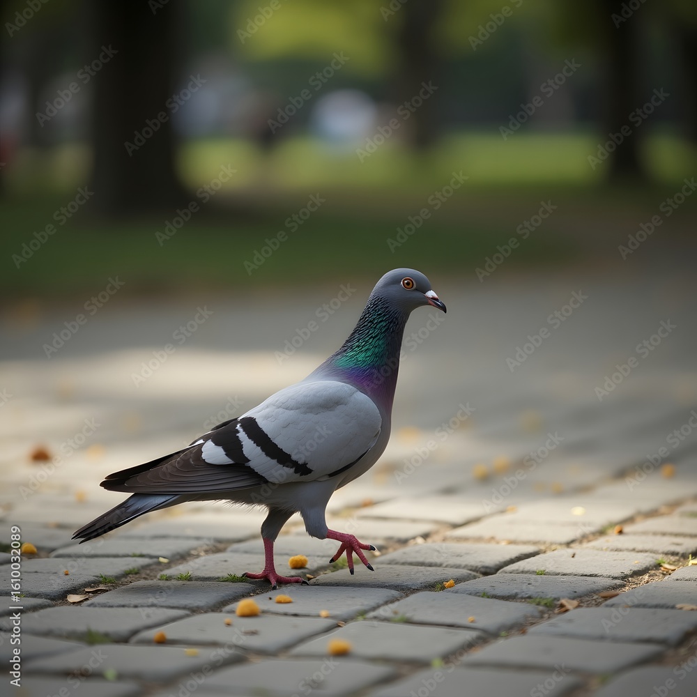 Obraz premium Gray pigeons and doves with feathers on the ground in a city park