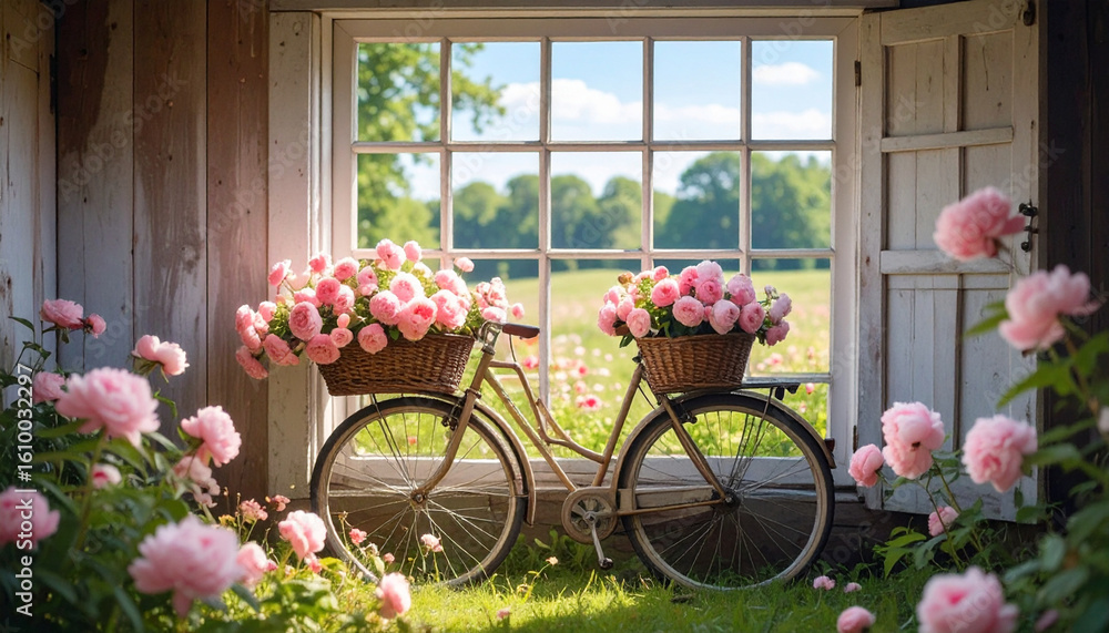Fototapeta premium Vintage Bicycle Basket Overflowing with Peonies . Wedding Concept. Generated Image