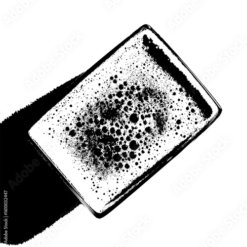 An overhead monochrome depiction of a rectangular glass filled with a bubbly liquid and a shadow cast
