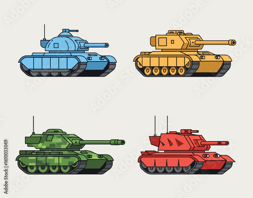 Four colorful pixel art tanks in a row ready for battle