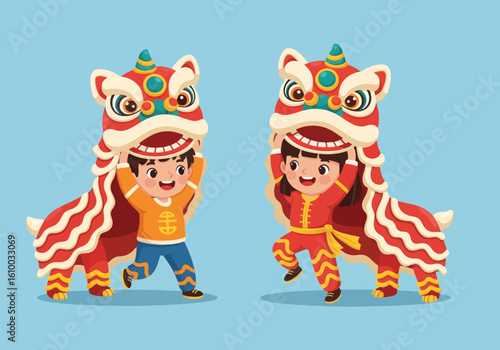 Children Performing Traditional Lion Dance During Lunar New Year Celebrations