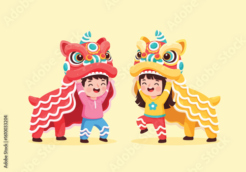 Children Celebrating Chinese New Year With Joyful Lion Dance Performances