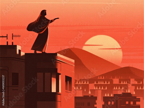 On the roof of a multi-storey building, a Muslim woman enjoys the sunset while admiring the rows of Menoreh hills under the clouds that are starting to get dark.