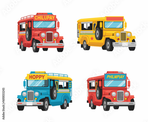 Colorful Philippine Jeepneys Transportation Icons Set