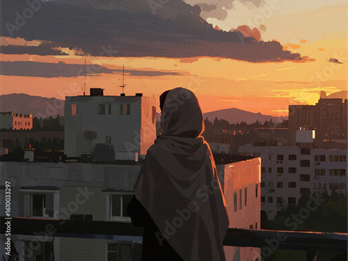 On the roof of a multi-storey building, a Muslim woman enjoys the sunset while admiring the rows of Menoreh hills under the clouds that are starting to get dark.