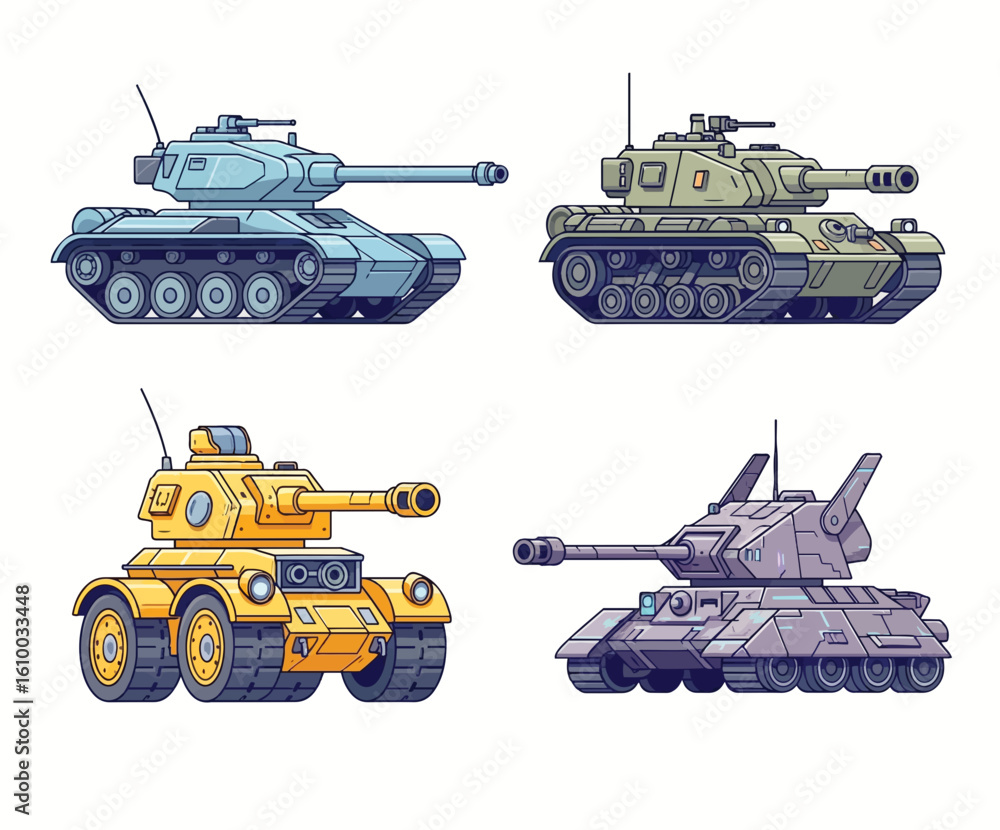 Fototapeta premium Four Distinct Pixel Art Military Combat Vehicles Illustrated in Detail