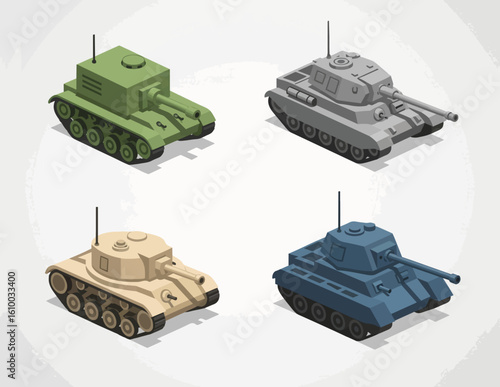 Four stylized isometric tanks in different colors and designs