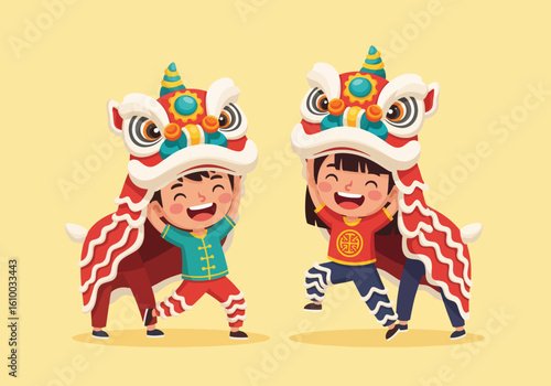 Children Celebrating Lunar New Year With Traditional Lion Dance Performance