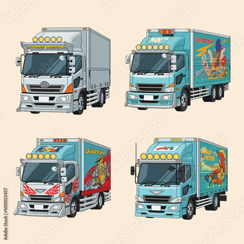 Pixel Art Delivery Trucks Featuring Animated Graphics and Decorative Lighting
