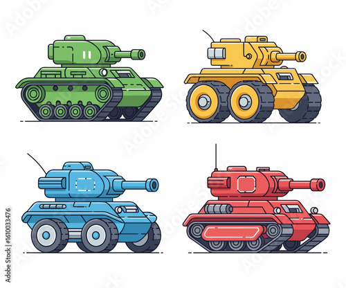 Four Colorful Pixel Art Tanks in a Row