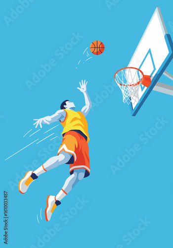 Dynamic Basketball Player Soars for a Powerful Slam Dunk Against Blue Sky