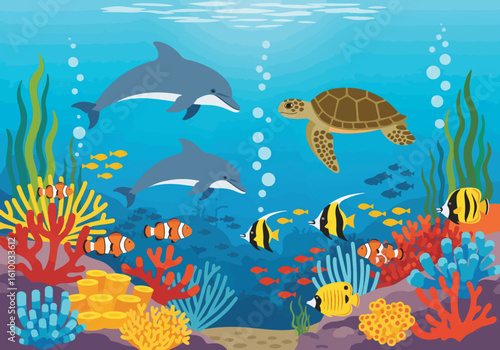Dolphin and sea turtle swimming with colorful fish in a vibrant coral reef ecosystem