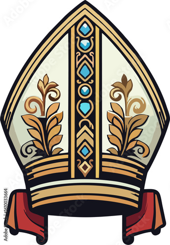 Baroque Style Bishop Mitre Vector with Gold Ornament and Blue Gemstones