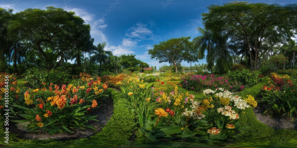 Obraz premium Vibrant flower garden panorama nature park hdr 360-degree view lush environment