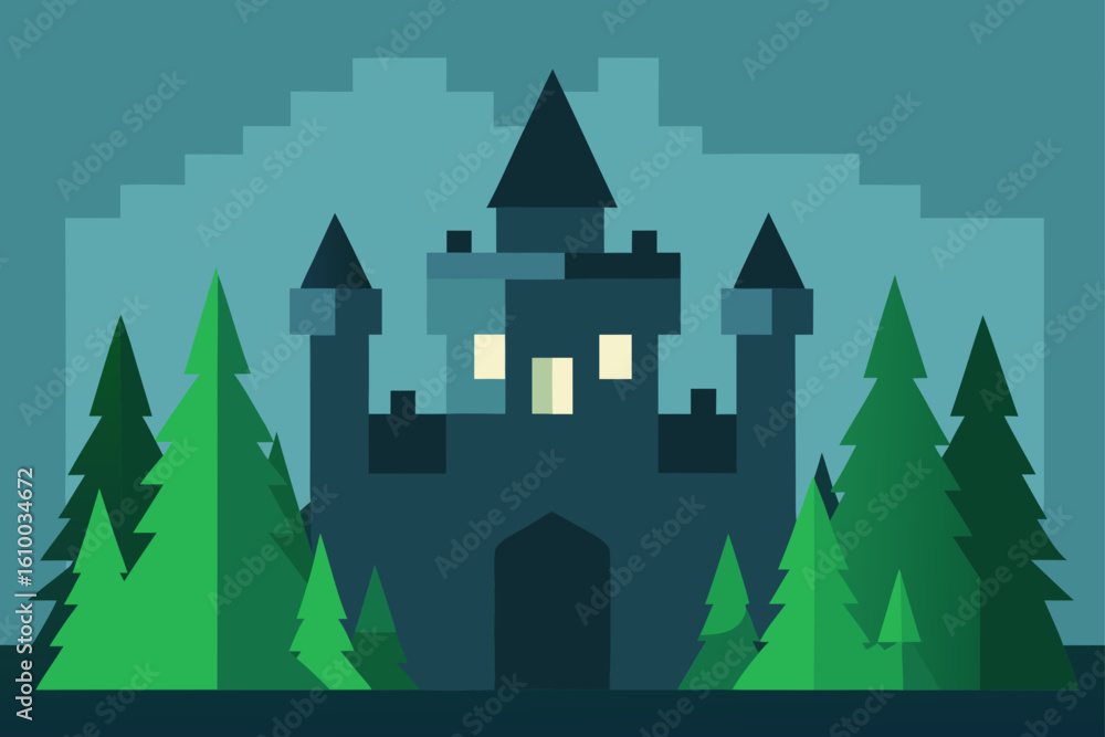 Obraz premium Mysterious dark castle surrounded by evergreen trees at dusk