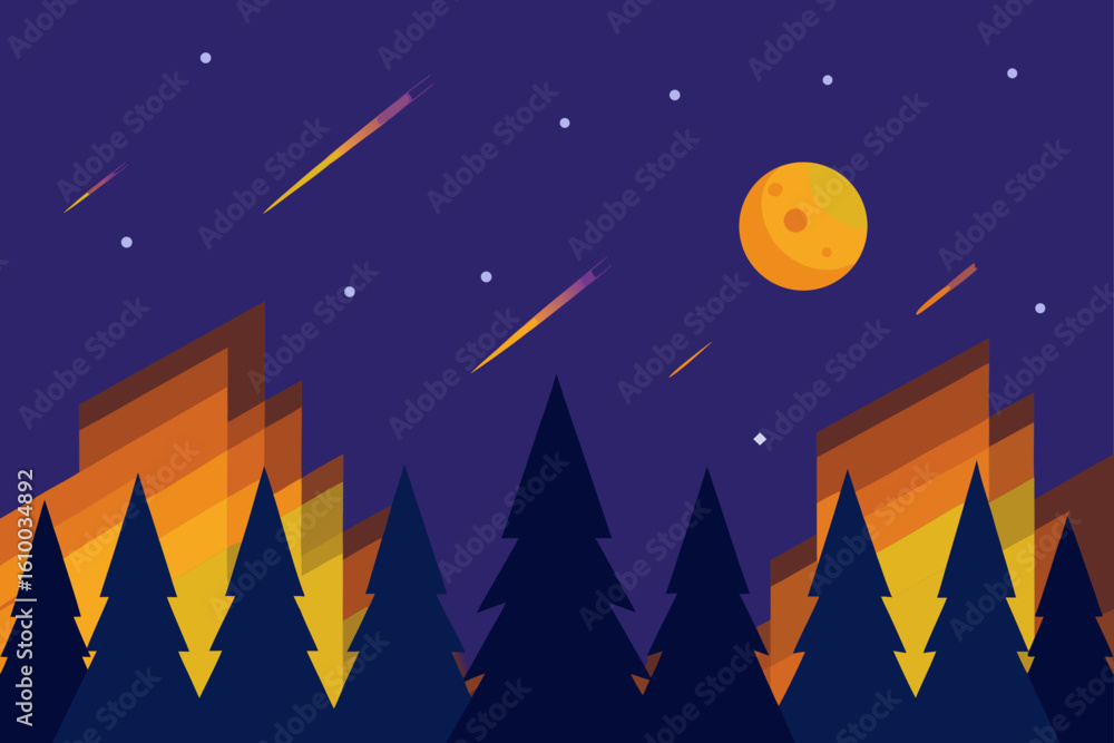 Fototapeta premium Stylized night landscape with moon stars and shooting stars over trees