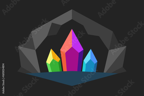 Colorful crystals growing inside a dark cave entrance